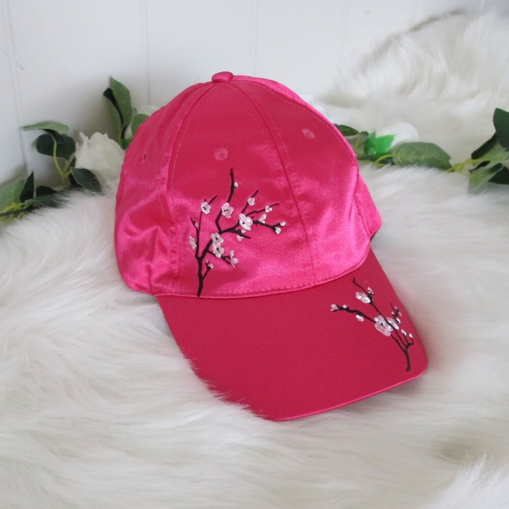 NYC | Satin Embroidered Cherry Blossom Sakura Hot Pink Cap NWT